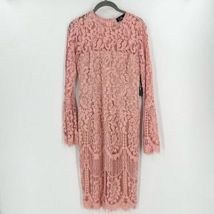 Lulus Womens Enrapturing Elegance Sheath Dress Pink Floral Lined Midi Lace Small